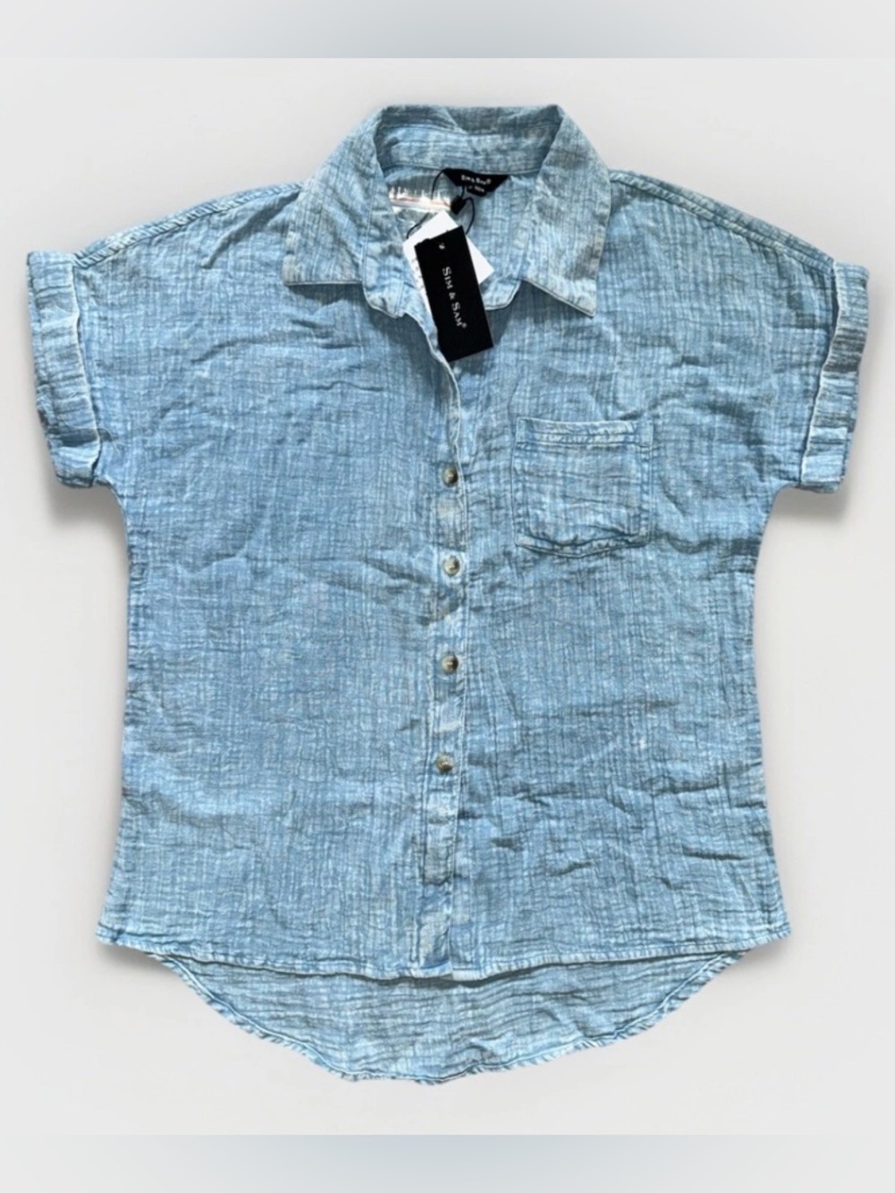Sim & Sam Women Short Sleeve Cotton Shirt Size M Blue Denim Look Button Up New